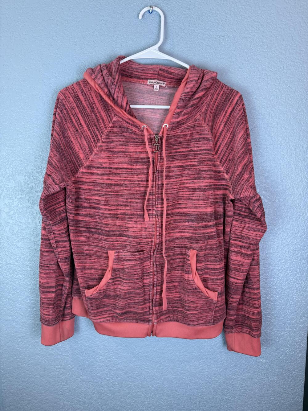 Juicy Couture Hoodie Womens Large Pink Striped Crown Rhinestone Full Zip Jacket
